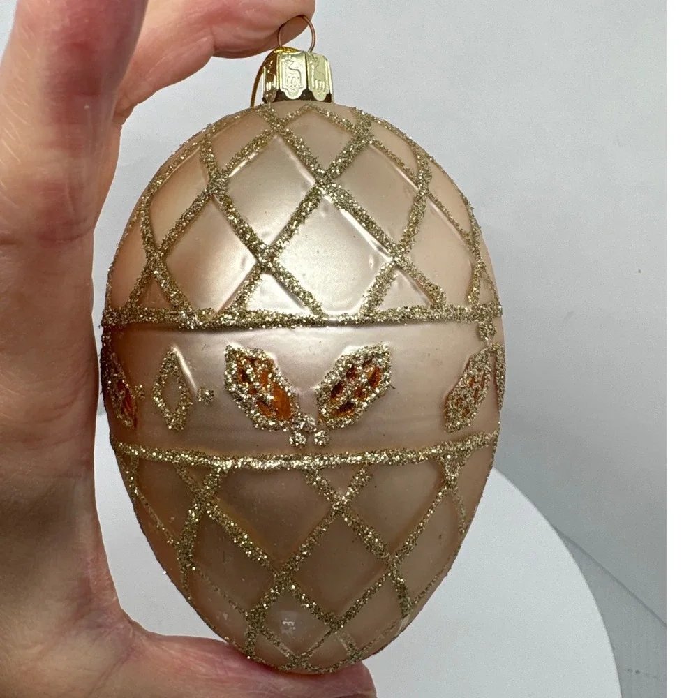 Champagne Pink‎ Blown Glass Egg Christmas Ornament Gold Glitter Trellis 4